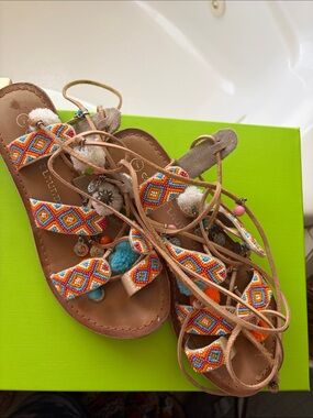 Chinese Laundry Beaded Multicolor Pom Gladiator Sandals